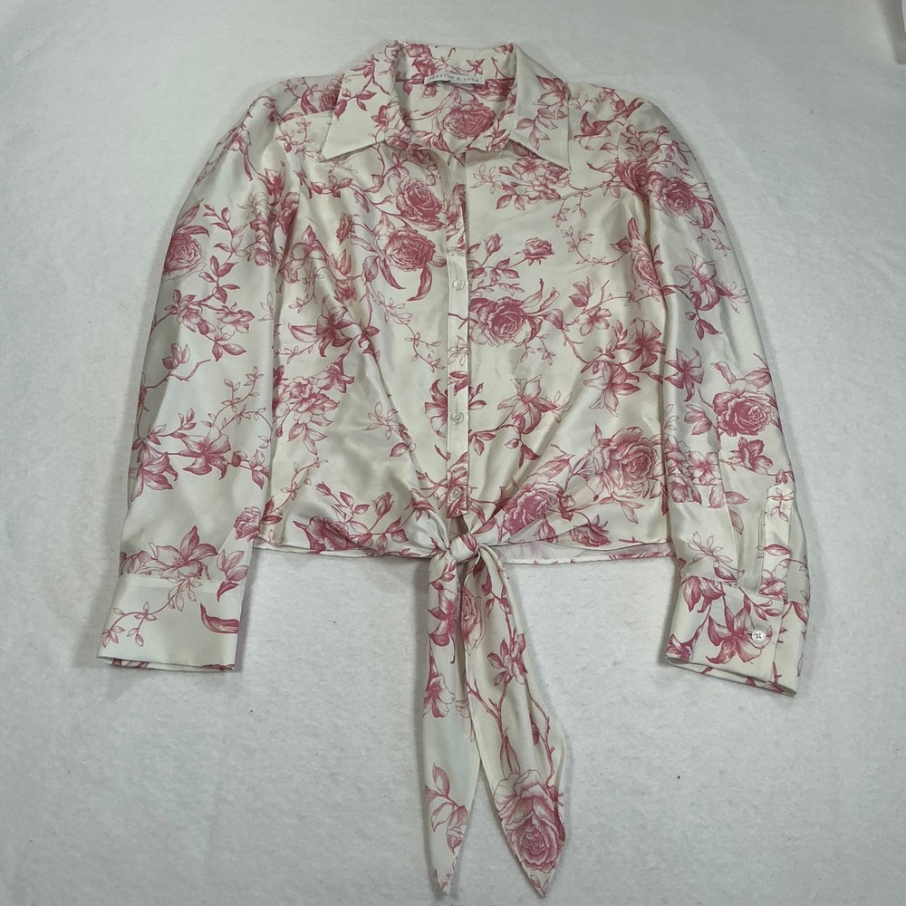 Preston & York Pink Floral Toile Tie Front Button Down Blouse White Pink Medium